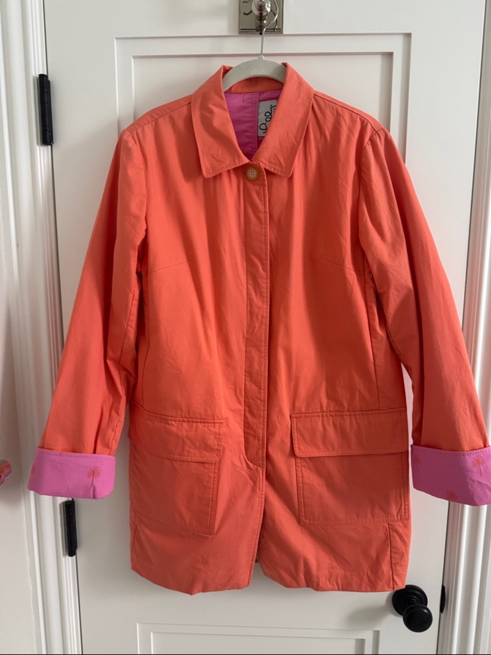 Lilly Pulitzer Coral Orange Trench Coat, 100% Cotton Chino, Preppy Barn Jacket.